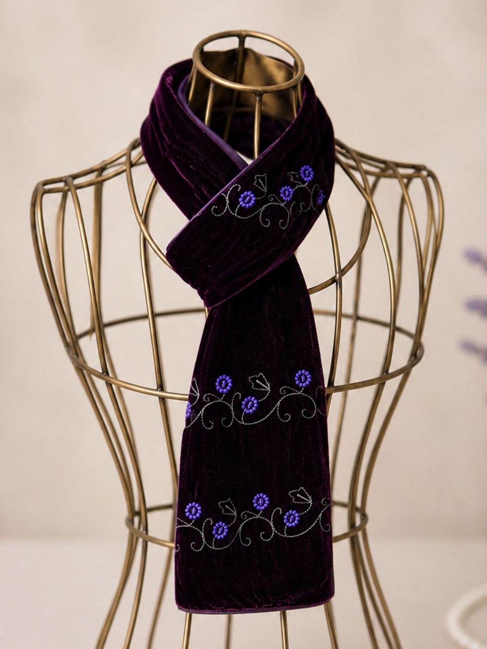 V Fraas Velvet Silk Blend Purple Embroidered Floral Scarf